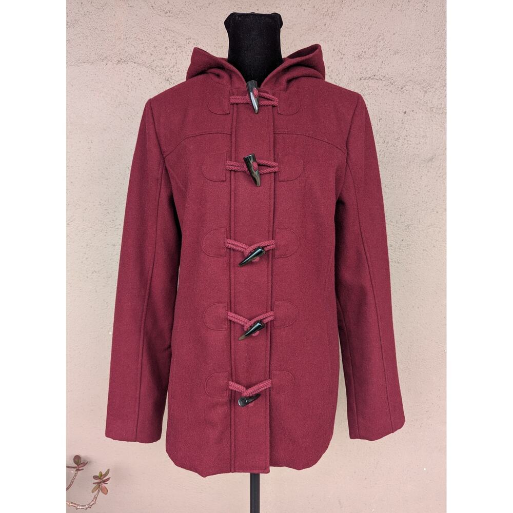 💜Brick Red Wool Blend Toggle Duffle Coat Hooded Mid Length Women’s M